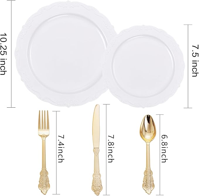 DaYammi 150Pcs White Plastic Plates & Gold Plastic Silverware, White Disposable Plates for Party Include 30 Dinner Platos,30 Dessert Platos,30 Golden Knives,30 Gold Forks,30 Spoons for Wedding Party