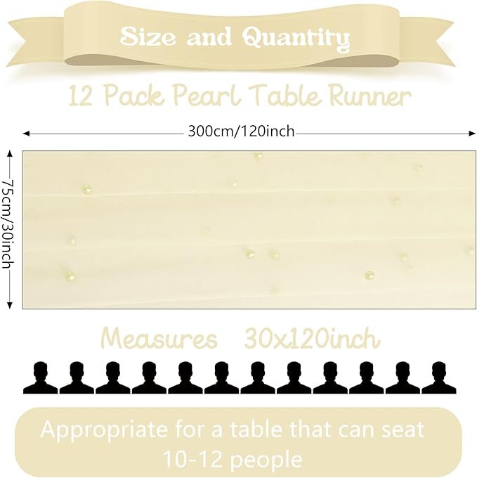 Fivenl 12 Pack 10FT Pearl Table Runner 30x120 Inch Beige Tulle Fabric Boho Rustic Sheer Table Runners Lace Table Cloth for Wedding Bridal Shower Birthday Party Arch Veil Dessert Table Decor (Beige)