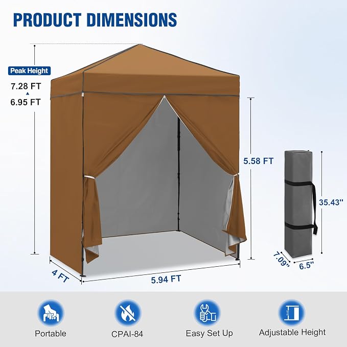 6x4 Pop Up Canopy Tent with Four Wall Panels, Instant Portable Beach Canopy, Outdoor Tent with Carry Bag for Camping, Sports, Tailgating, Events, Khaki