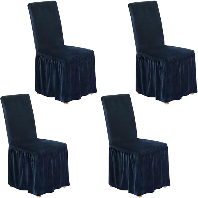 NICEEC Spandex Chair Covers for Dining Chairs Covers Set of 4 Removable Dining Room Chair Covers with Skirt Parson Chair Slipcovers Washable Chair Protector for Kitchen Wedding Party(Navy Blue)