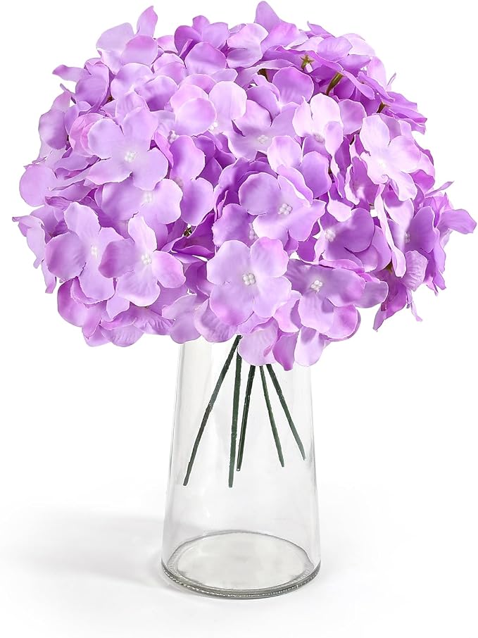 Auihiay 64pcs Hydrangea Artificial Flowers, Purple Artificial Hydrangea Flowers, Silk Hydrangea Heads with Stems for Garden, Home Party Baby Shower DIY Wedding Centerpiece (Purple)