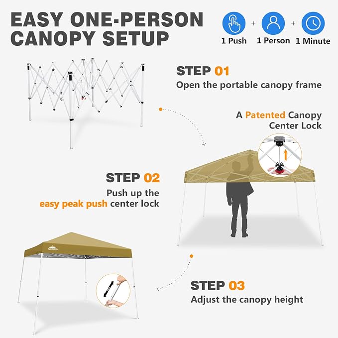 EAGLE PEAK 10x10 Slant Leg Pop-up Canopy Tent Easy One Person Setup Instant Outdoor Beach Canopy Folding Portable Sports Shelter 10x10 Base 8x8 Top (Beige)