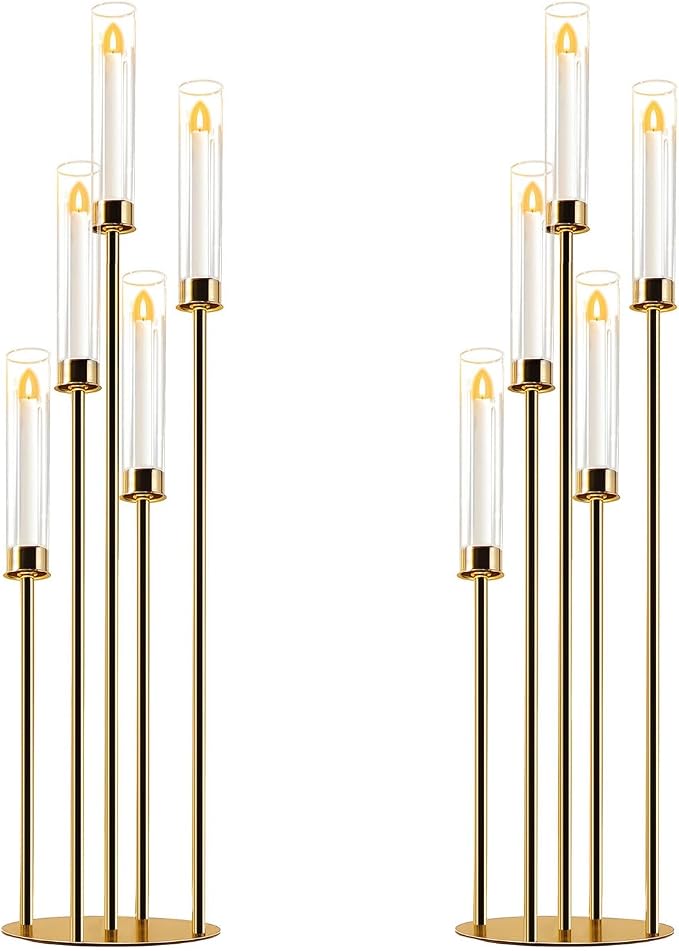 Candelabra Gold Centerpiece 5 Arms Taper Candle Holder Gold Centerpiece with Acrylic Tubes for Table Decoration Wedding Event Party Aisle Stage Home Decor (2, L)