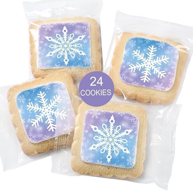 Snowflake Cookies Frozen in Individually Wrapped Snowfake Winter themed Theme Party Favors 24 Pack Bulk for Kids Birthday Party Sugar Cookie Blue White Purple