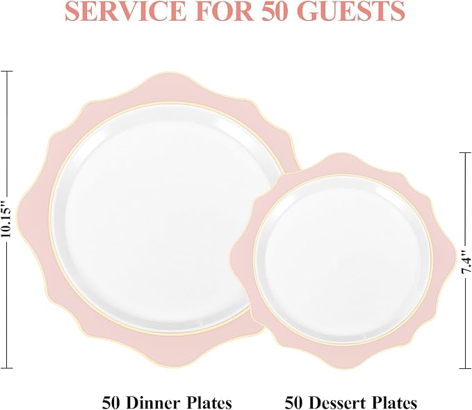 realluck 100 PCS White and Pink Disposable Plates for 50 Guests, Scalloped Plastic Plates Include 50 Dinner Plates and 50 Dessert Plates for Party, Wedding and Graduation