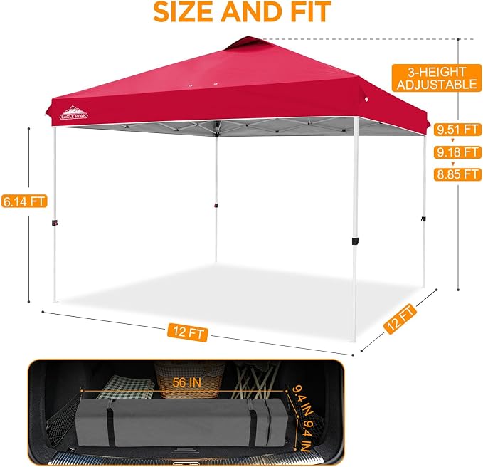 EAGLE PEAK Pop Up Canopy Tent with Wheeled Carry Bag, 8 Stakes, 4 Ropes, 4 Weight Bags, Easy Set Up Tent Canopy, 12x12 ft, 144sqft of Shade, Red