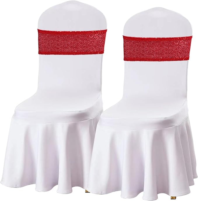 SquarePie Pack of 20 Sequin Chair Sashes Bands Red Sparking Bows for Wedding Banquet Party Decor