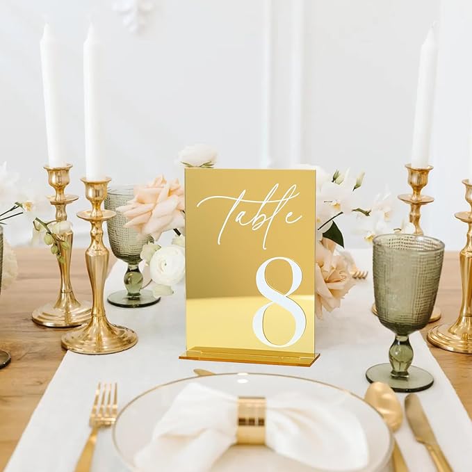 Acrylic Wedding Table Numbers 1-20 with Stands, 5"x7" Gold Mirror Acrylic Signs with 3D White Numbers, Gold Mirror Table Numbers for Wedding Reception, Anniversary, Event