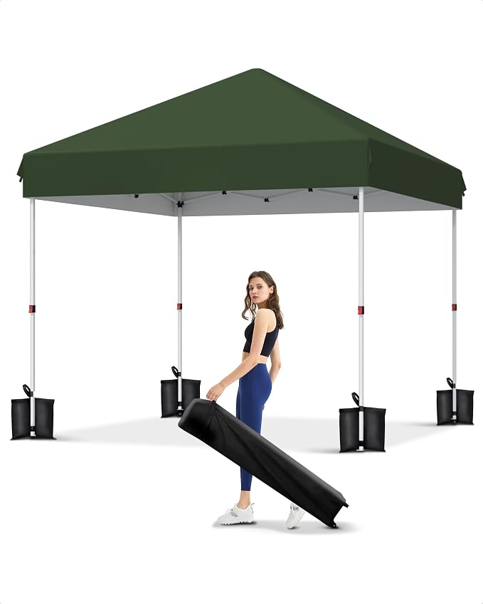 GarveeLife 10x10 Pop Up Canopy with One Button Push Setup - Heavy Duty Outdoor Canopy Tent with Portable Roller Bag - 3 Adjustable Height, 4 Weight Bags, 8 Stakes & 4 Guy Ropes Included, Green