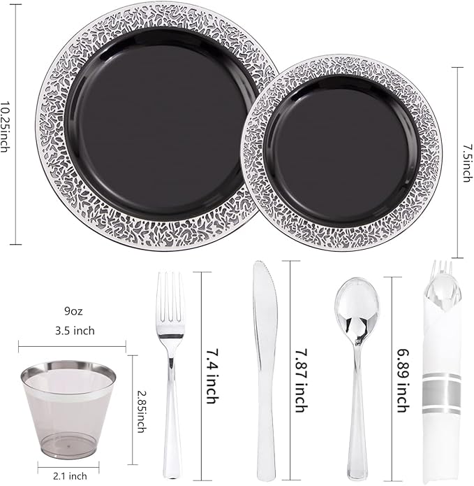NOCCUR 210PCS Black and Silver Dinnerware Set for 30 Guests - Black Plastic Plates with Silver Rim Include 30 Dinner / 30 Dessert Plates, 30 Prewrapped Silverware, 30 Cups Ideal for Party/Graduation