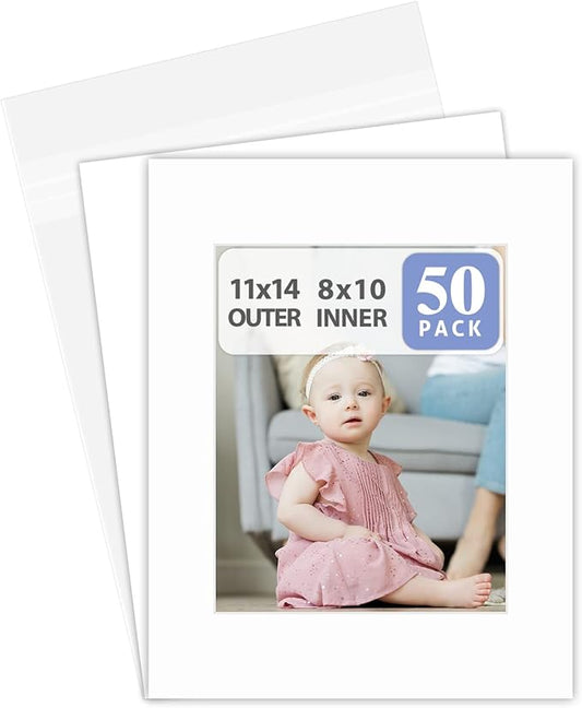 Golden State Art Acid Free, Pack of 50 11x14 White Picture Mats Mattes with White Core Bevel Cut for 8x10 Photo + Backing + Bags