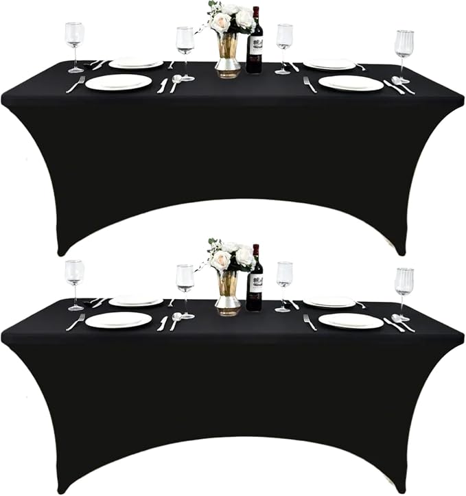 2-Pack 4ft Black Spandex Table Covers for Rectangular Folding Tables - Wrinkle Resistant Stretch Tight Table Cloths - Ultimate Fitted Table Protector for Parties, Banquet, and Wedding