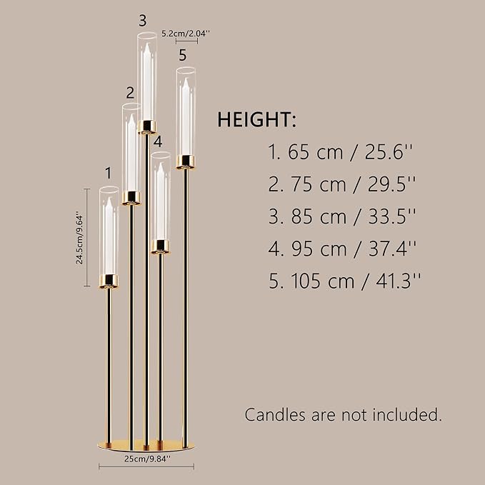 Gold Candelabra with Glass Cylinders for Real Candles 5 Arms Metal Candle Holder Wedding Event Party Home Decoration Centerpiece (1, L)