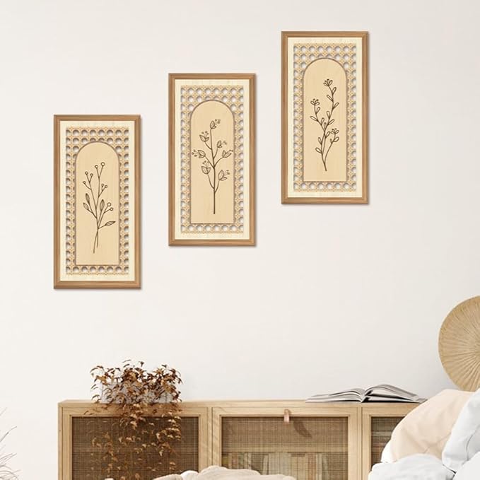 IARTTOP 3 Pcs Boho Arch Wicker Wall Decor 8x16 Inch Unframed Rattan Botanical Wood Wall Art Minimalist Rustic Farmhouse Floral Hanging Decor for Home Living Room Bedroom Office