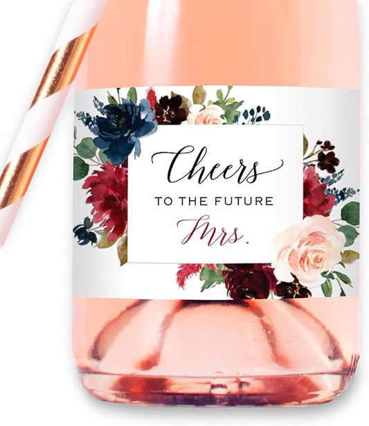 Cheers to the Future Mrs. - 12 Mini Champagne Bottle Labels, Waterproof Mini Wine Bottle Labels for Bridal Shower Bachelorette Party (Burgundy Navy Floral, 12 Mini Bottle Labels)