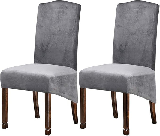 Velvet Plush XL Dining Chair Covers, Stretch Chaircover, Spandex High Chairs Protector Covers Seat Slipcover with Elastic Band for Dining Room,Wedding, Ceremony, Banquet (Silver Grey, Set of 2)