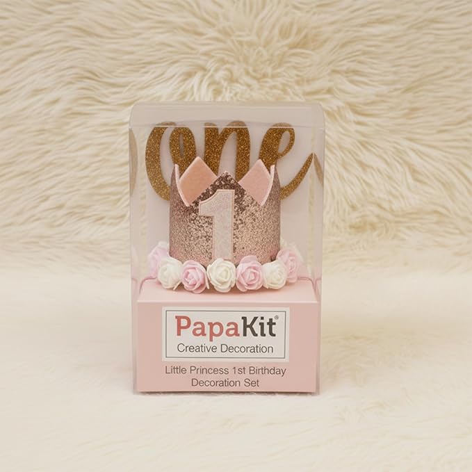 PapaKit Girls 1st Birthday High Chair Premium Decoration Set - Pink & Gold Ribbon Garland, Crown, One Banner & Cake Topper | Coquette Fairy Princess Theme | Smash Cake Photo Prop Backdrop