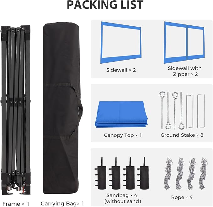 8x8 FT 1-Button Push Pop Up Canopy with 4 Clear PVC Sidewalls, Sandbags, Instant Canopy Tent for Outdoor Events