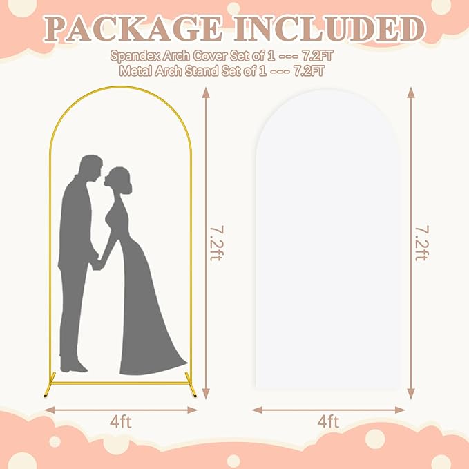 7.2 FT Wedding Arch Backdrop Stand with Cover Gold Backdrop Stands for Parties and White Arch Cover Metal Arches Stand and Covers Set for Birthday Party Baby Shower Graduation Banquet Decor