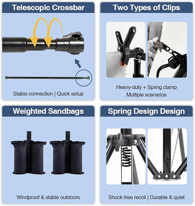 Kate Backdrop Stand Kit for Photography, 10x8.5ft(WxH) Adjustable Heavy Duty Photo Background Stand with 8 Clamps and 2 Sandbags, Back Drop Support System Stand for Backdrop Parties