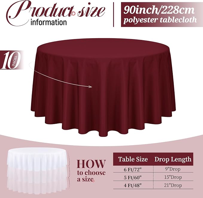 10 Pack Burgundy Round Tablecloths 90 Inch, Polyester Round Table Cloth Circle Bulk Linen Washable Table Cloth Stain and Wrinkle Resistant Circle Table Cover for Wedding Party Dining Banquet