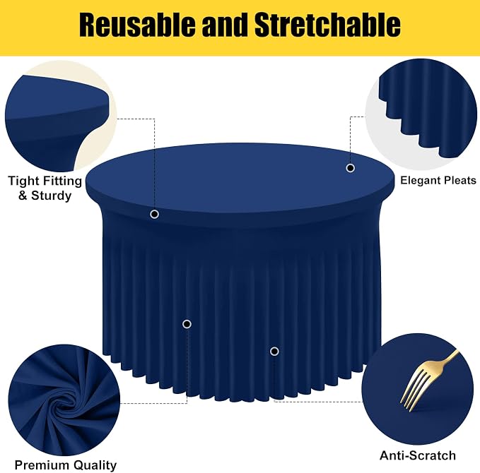 Smiry Round Spandex Tablecloth 2 Pack, Elastic Fitted Washable Tablecloths for 48 Round Tables, Waterpoof Stretch Table Cover Skirt for Outdoor, Wedding, Banquet & Parties, Navy