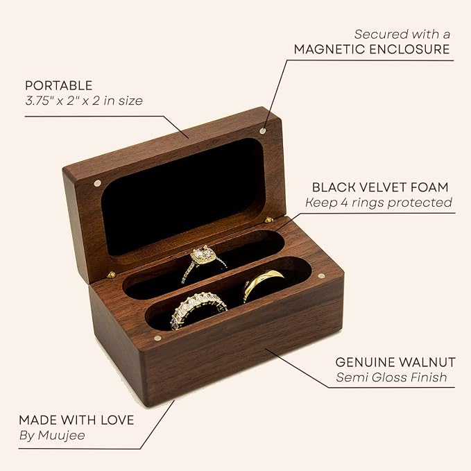 MUUJEE Quad Wooden Ring Box for Wedding Ceremony - Engraved Ring Holder Box for Engagement Proposal Anniversary and Valentines Day Gift for Him or Her (Blank Box)