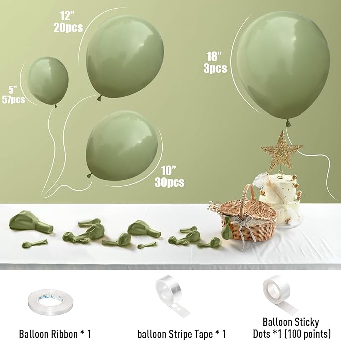Sage Green Balloons, 113PCS Retro Olive Green Balloon Garland Arch Kit 5/10/12/18 Inch, Different Sizes Eucalyptus Avocado Green Latex Helium Party Balloons Set for Jungle Safari Birthday Decorations