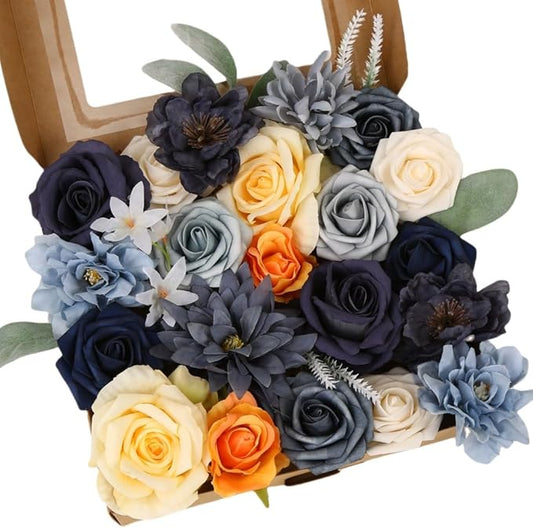 Navy Blue Artificial Flower Box, Silk Dahlia Rose Faux Flowers with Stems for DIY Wedding Bouquets Centerpieces Arrangements Table Decor Baby Shower Party