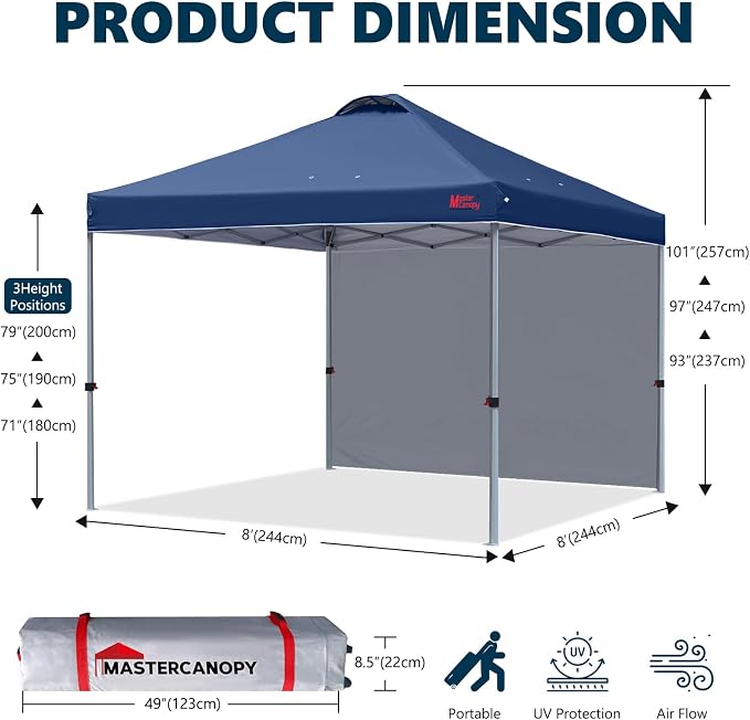 MASTERCANOPY 8x8 Pop Up Canopy Tent with 1 Sidewall, 1 Person Setup Instant Shelter, Outdoor Portable Beach Canopy, 1 Roller Bag, 4 Sandbags, 4 Ropes, 8 Stakes (8x8, Navy Blue)