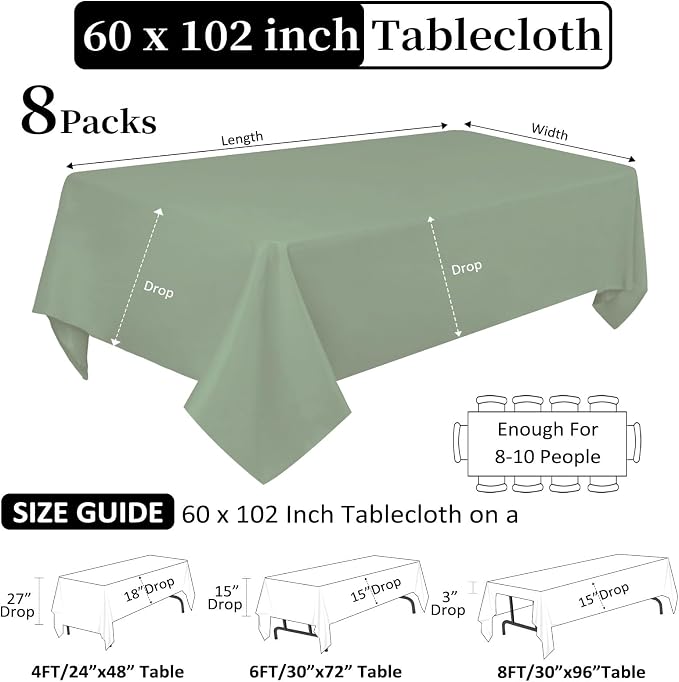 8 Pack Sage Green Tablecloth 60 x 102 Inch Rectangular for 6 Foot Rectangle Tables, Wrinkle Resistant Green Table Cloth Washable Polyester Fabric for Party Wedding Banquet