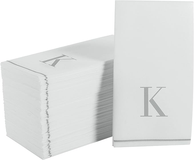 Luxe Party 112 Pack Monogram Napkins | Letter K Initial | Disposable | Premium Airlaid | Linen Feel | Decorative Table Setting | Guest Towel Napkin | White and Silver