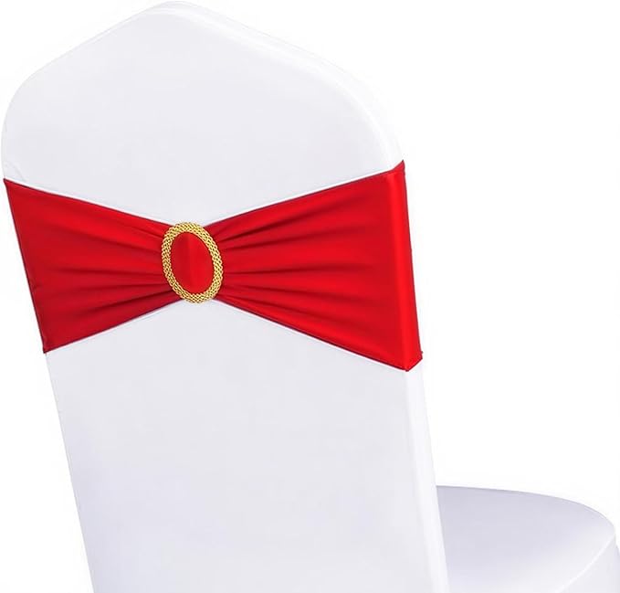 Pack of 100 Spandex Red Chair Sashes with Gold Buckles, Stretch Chairs Sashes for Wedding Party Baby Shower Ceremony Event Decorations Chair Bands Bows (Red Sashes, Gold Buckles)