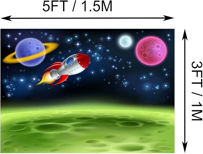 BELECO 5x3ft Fabric Cartoon Outer Space Backdrop Planet or Alien Moon with Rocket Ship Photography Backdrop for Birthday Party Decoration Kids Photoshoot Photo Background Photo Booth Props
