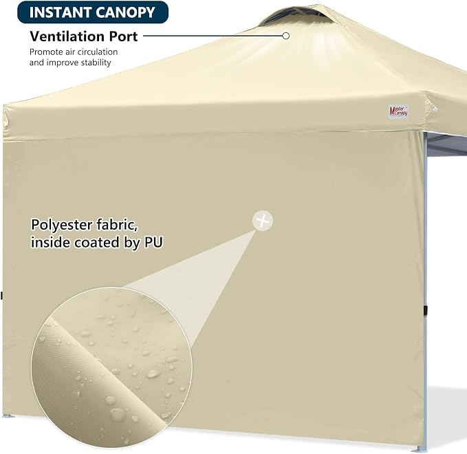 MASTERCANOPY 10x10 Pop Up Canopy Tent with 1 Sidewall, 1 Person Setup Instant Shelter, Outdoor Portable Beach Canopy, 1 Roller Bag, 4 Sandbags, 4 Ropes, 8 Stakes (10x10, Beige)
