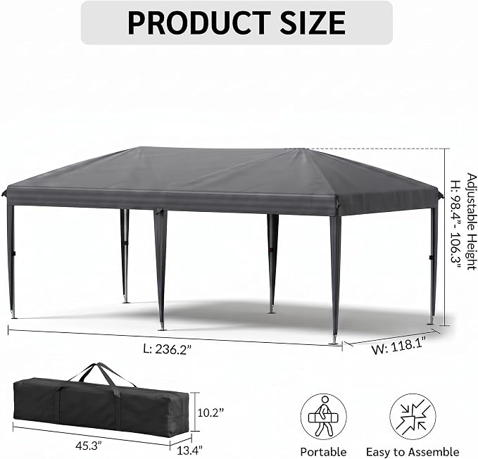 10x20 FT Portable Pop Up Canopy Tent with Sandbags, Adjustable Height Instant Gazebo Without Sidewalls,Waterproof Outdoor Canopy for Camping, Parties, Vendor Events (Grey, 3m × 6m Without sidewalls)