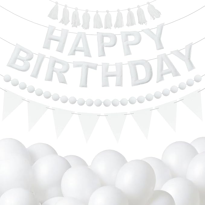 White Themed Birthday Decoration Set, White Pre-Strung 3D Felt Happy Birthday Banners, Pom-Pom Garland, Party Pennant Felt Banner Flags, Tassel Garland, Balloons, Reusable Party Decor,Photo Prop