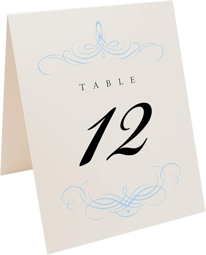 Decadent Flourish Wedding Table Numbers (Select Color/Quantity), Champagne, Light Blue, 1-175, Double Sided, Tent or Use in a Stand, Great for Parties & Restaurants