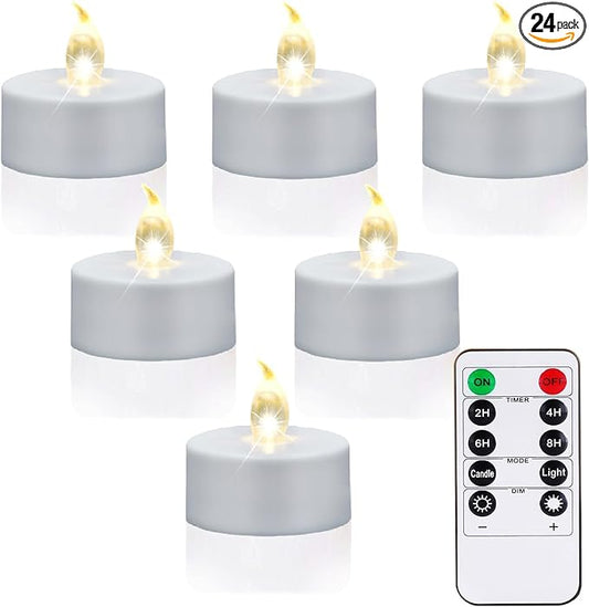 Battery Operated Tea Lights with Remote, Flickering Flameless Candle with Timer,24Pack Realistic Votive Led Electric Tealights,Last for 400+Hours,for Weddings Party Decor(Warm White)