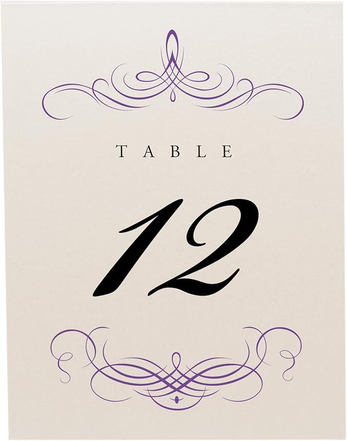 Decadent Flourish Wedding Table Numbers (Select Color/Quantity), Champagne, Purple, 1-200, Double Sided, Tent or Use in a Stand, Great for Parties & Restaurants - Made in the USA