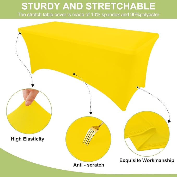 Moosfor Spandex Elastic Fitted 6FT Rectangle Tablecloth 6 Pack, Stretch Washable Reusable Table Cover for Outdoor Picnic, Dining, Wedding, Banquet & Party Events (Yellow, 72Lx30Wx30H Inch)