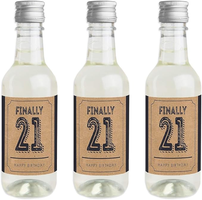 Big Dot of Happiness Finally 21-21st Birthday - Mini Wine and Champagne Bottle Label Stickers - Birthday Party Favor Gift for Women and Men - Set of 16