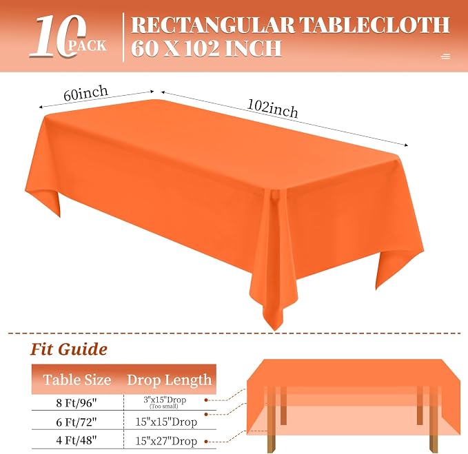 10 Pack Orange Tablecloth 60 x 102 Inch Tablecloths for 6 Foot Rectangle Tables Orange Table Cloth Washable Polyester Fabric Table Cloths for Parties Wedding Banquet
