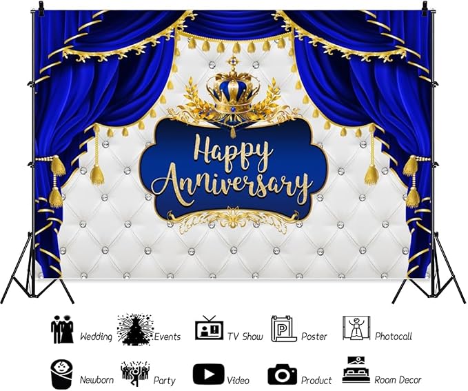 Happy Anniversary Backdrop Blue Curtain Gold Crown Diamond Wedding Together Photography Background for Anniversary Valentine's Day Wedding Party Decor Couple Love Party Photo Supply Vinyl 15x8ft
