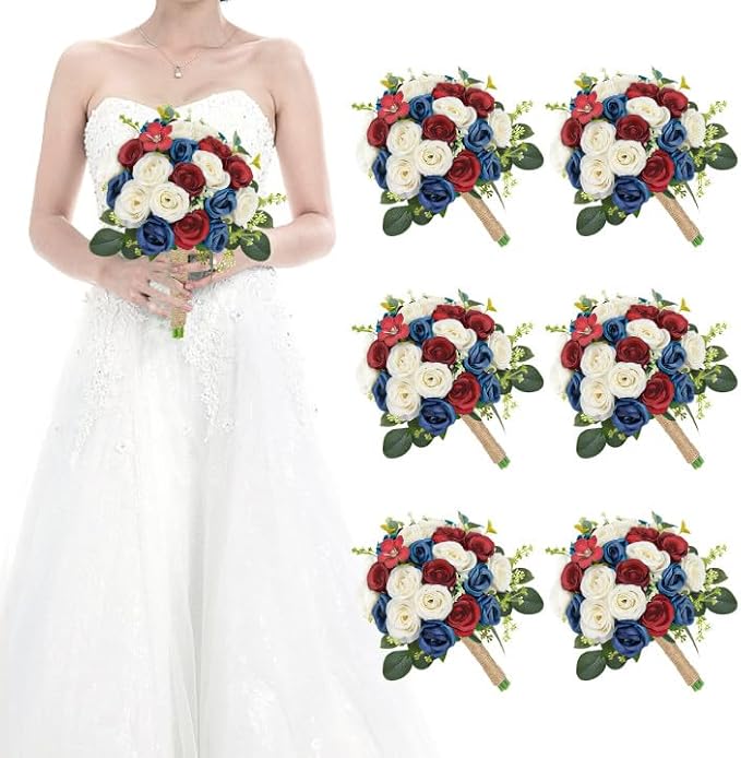 Set of 6 Bridesmaid Bouquets for Wedding - 7 Inch Artificial Ivory Flower Bouquet for Party Ceremony Anniversary Dinning Table Centerpieces Decor - Red & Blue & White