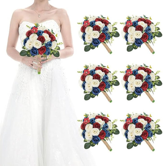 Set of 6 Bridesmaid Bouquets for Wedding - 7 Inch Artificial Ivory Flower Bouquet for Party Ceremony Anniversary Dinning Table Centerpieces Decor - Red & Blue & White