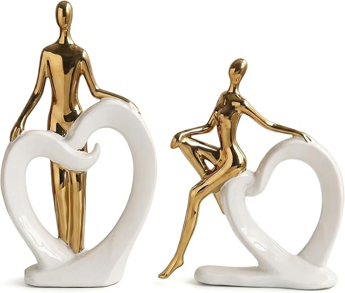Ceramic Statues Aesthetic Abstract Couple and Heart Sculpture Modern Home Decor Decorative Statue for Living Room Bedroom Bookshelf Table Centerpiece Office (White and Gold)