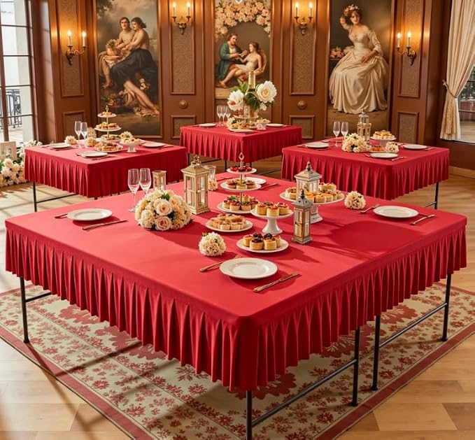 Shillance 54x54 Inch Red Spandex Square Tablecloth, Wrinkle Free Red Fitted Table Cloth for Square Tables,Washable Pleated Table Cover for Wedding Birthday Cocktail Party Buffet Dinner Camping