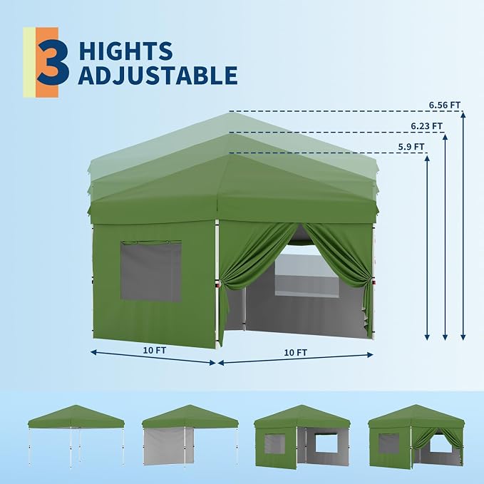 GarveeLife Pop Up Canopy with 4 Sidewalls - Easy Up Camping Tent with One Button Push Setup - 1 Roller Bag, 3 Adjustable Height, 4 Weight Bags for Deck, Garden, Sports, Beach, Party - Brown