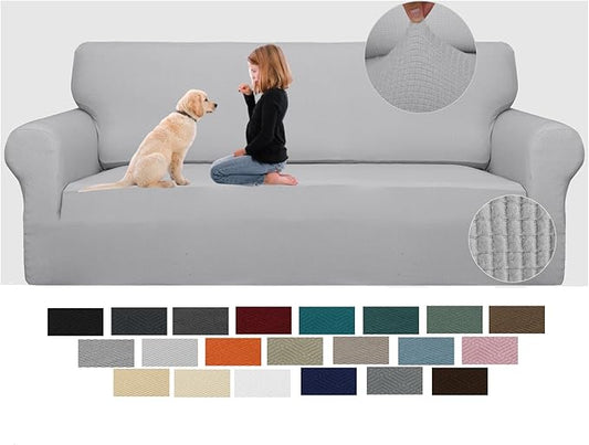 JIVINER High Stretch Couch Covers for 3 Cushion Couch 1-Piece Jacquard Sofa Slipcovers Anti Slip Sofa Cover with Elastic Bottom Furniture Protector for Kids Pets (Sofa, Light Gray and White)